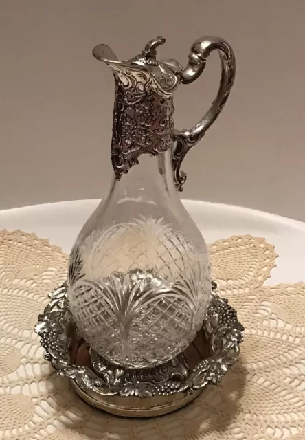 1950s Corbell & Co Claret Jug & Wine Coaster Silver Plated French Cut Crystal 2
