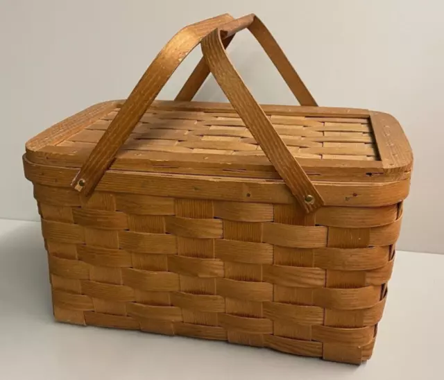 Vintage Basketville Putney Vermont Wooden Weave Picnic Basket Hinged WOVEN LID
