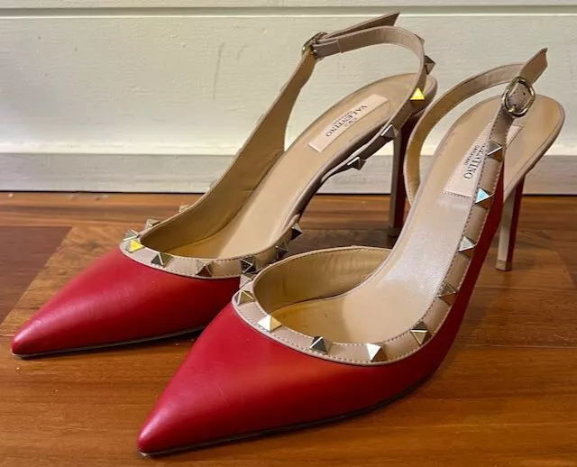 Valentino Garavani Red/Pink Leather Rockstud Slingback D’Orsay Pumps Size 10.5US