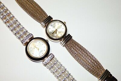 Two Pretty Pearl and Gold Tone ANNE KLEIN Diamond Ladies Wrist Watches