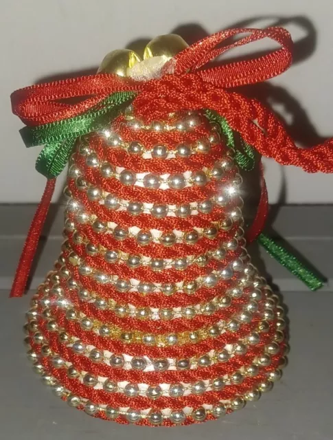 Stunning Corded Beaded Push Pin Bell Shape Christmas Ornament Red Gold