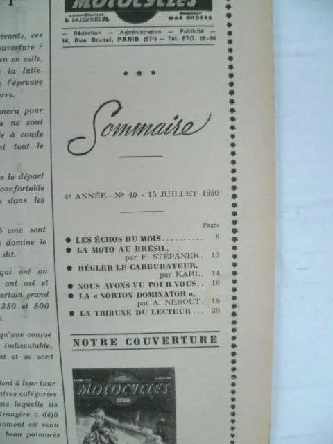 Revue "MOTOCYCLES" n°40 15 juillet 1950-La NORTON DOMINATOR. Voir le sommaire. 2