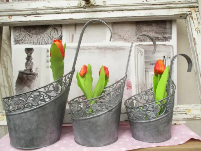 Blumentopf Hängetopf mit Haken Metall oval Zink Shabby Kräutertopf Übertopf