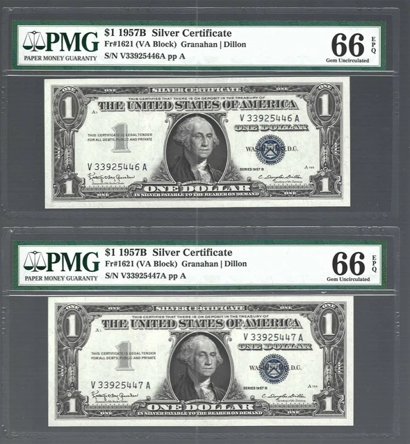 US Silver Certificate 1957B ✨ $1 x 2 RUNNING SERIAL NUMBER ✨ PMG 66 EPQ GEM UNC!