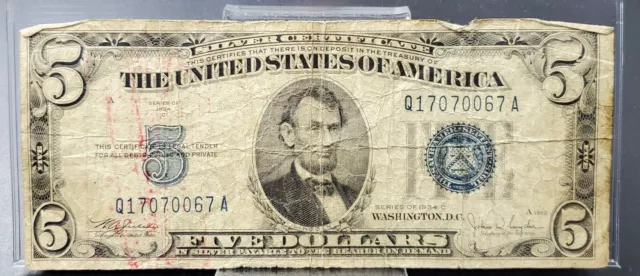 1934 C $5 Silver Certificate Blue Seal Very Neat Serial Number Circulated