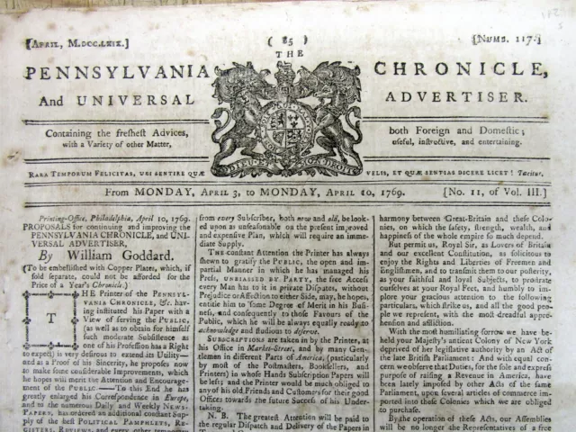 1769 Phil PA newspaper DELAWARE PROTESTS BRITISH TAXATION WITHOUT REPRESENTATION