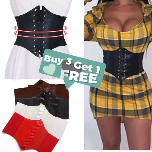 3+1 Ladies Waist Cincher Wide Band Elastic Tied Waspie Corset Leather Black Belt