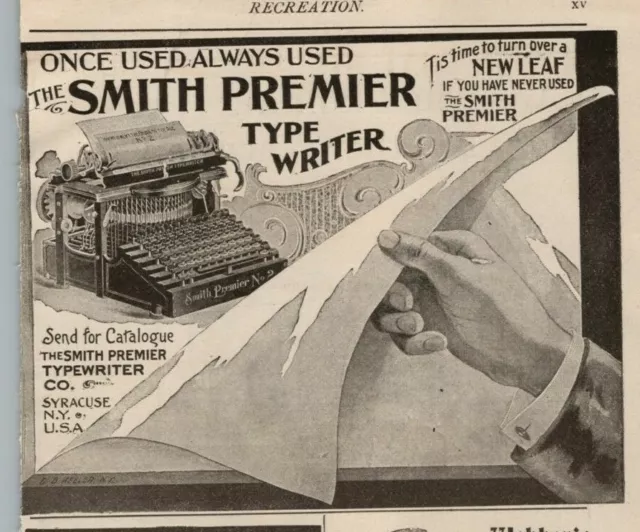1895 Recreation Print Ad The Smith Premier Typewriter Syracuse New York