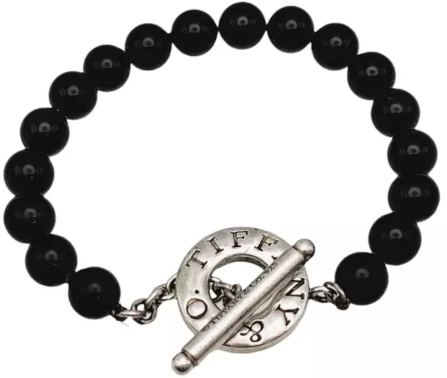 Tiffany & Co. Bracelet Black Onyx Bead 8 mm 925 Sterling Silver Toggle 7.5" Inch