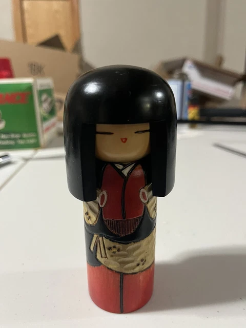 Vintage Japanese Wooden Kokeshi Doll Stamped Pattern