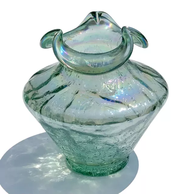 1992 Fenton Art Glass - Sea Mist Green Iridized Crackle Vase