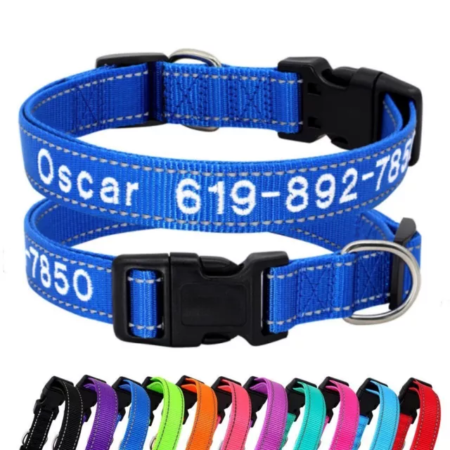 Dog Collar Personalised Embroidered Custom ID Name Phone Number Reflective Nylon