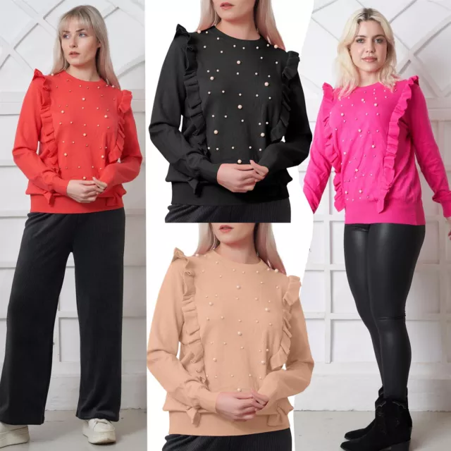 New Women's Long Sleeve Crew Neck Ruffle Pullover Top Sweatshirt Knit Jumper