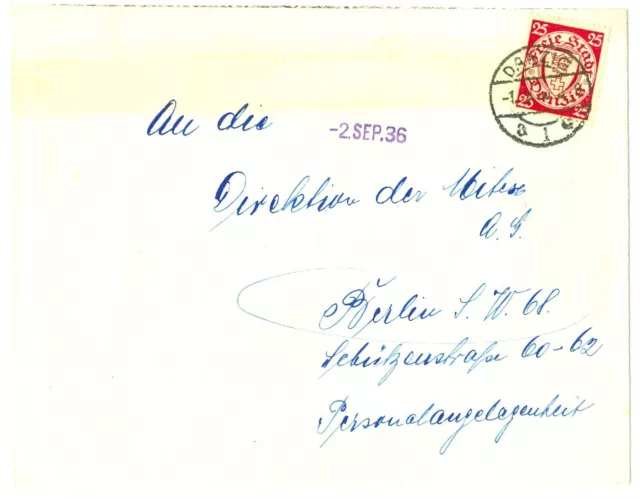 Brief Freie Stadt Danzig 1936 nach Berlin Umschlag Briefmarke