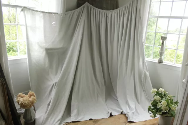 Antique French LARGE bed curtain grey white damask w/ trim 19th century textile