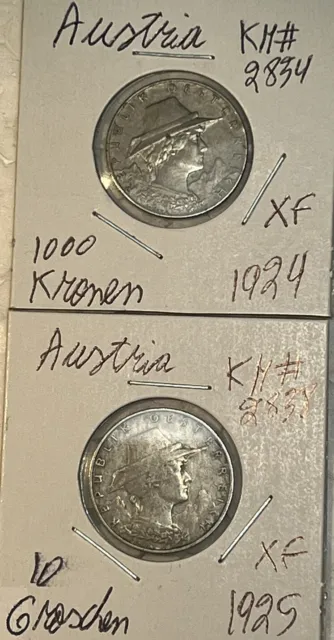 1924 - 1925 Austria 1000 Kronen & 10 Groschen Extra Fine XF Condition 2 Coin Lot