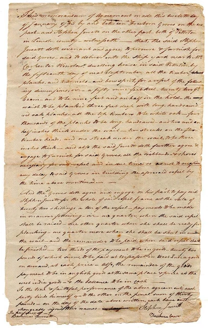 [Rare ship building contract & design specs]. Pittston, Maine, 1795.