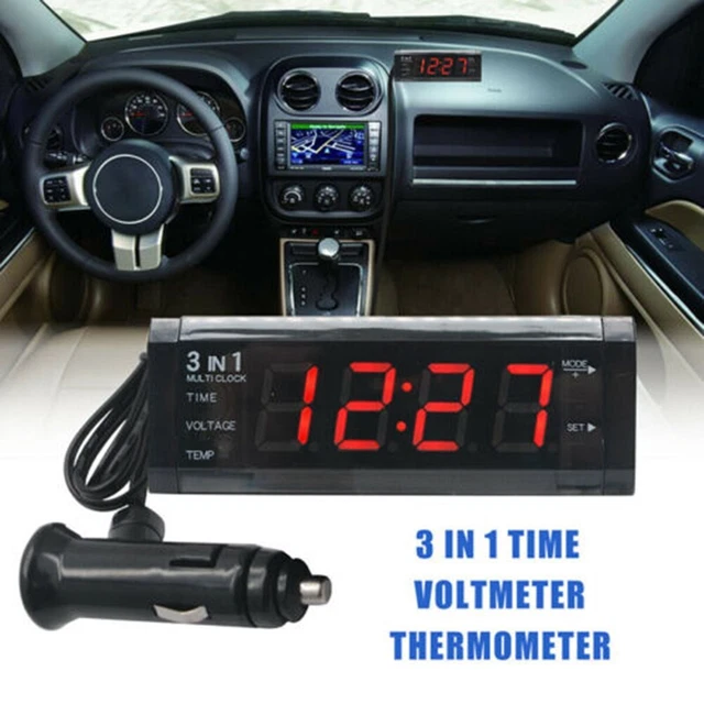 Horloge Voiture 3 En 1 12V LED - Thermomètre Voltmètre Horloge Numérique - Affichage Clair Jour Et Nuit (Bleu)