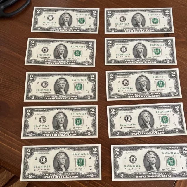 10 New Uncirculated 2 Two Dollar Bills 2013 - Ten Mint Notes Sequential Crisp