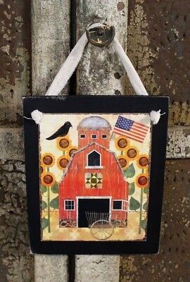 Country Primitive Barn Sunflowers Flag Crow Rustic Handmade Wooden Sign