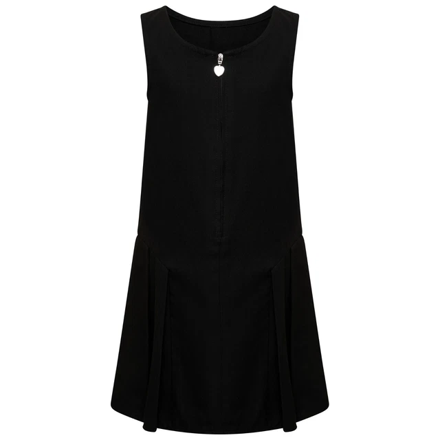 Ragazze Nero Scuola Vestito Scamiciato Plissettato Cuore Zip Frontale