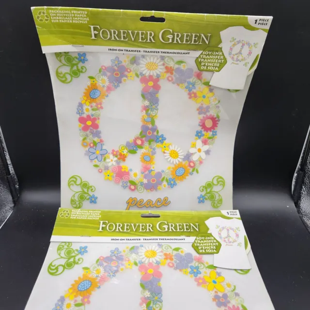 FOREVER GREEN Hippie Peace Sign Flowers Iron-On Applique Transfer Soy Ink (2)