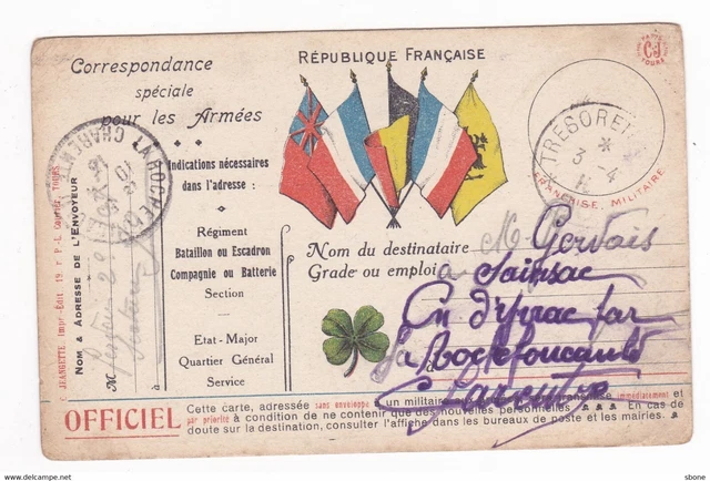 Carte en franchise militaire - Faisceau de 5 drapeaux - Trèfle