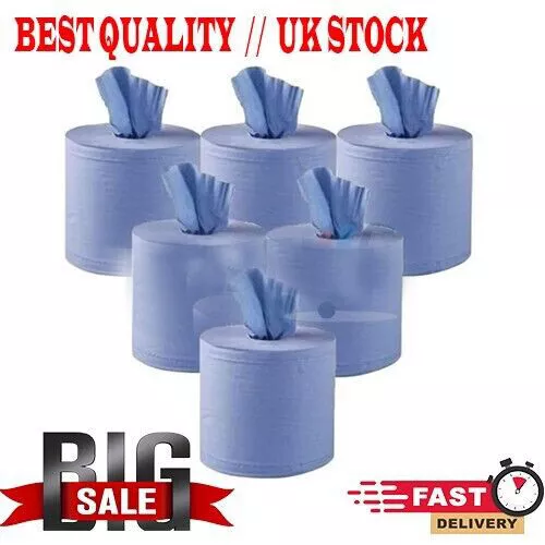 6 PACK 2 PLY BLUE EMBOSSED CENTRE FEED PAPER WIPE ROLLS 110m ROLLS