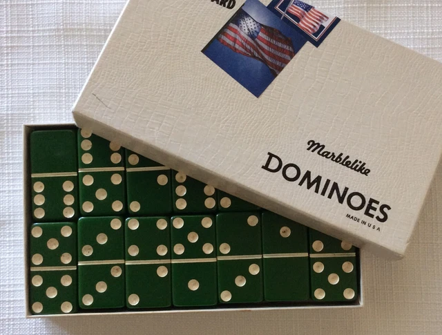 Vintage Green Puremco Marblelike Bakelite Dominoes Complete Box No Instructions