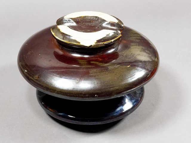 Large 9.25" Brown Glazed Porcelain Groove Top High Voltage Two Tier Insulator 8