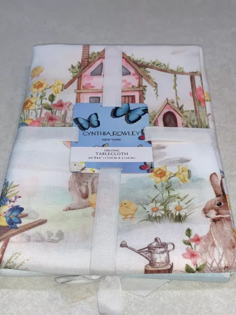 NWT Cynthia Rowley Easter Bunny Spring Flowers 60" x 84" Tablecloth Fabric Decor