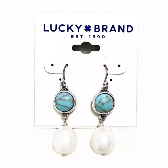 Lucky Brand Antiqued Silver Tone Turquoise Set Stone Pearl Drop Earrings