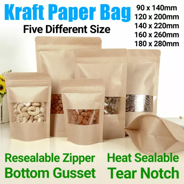 Kraft Paper Bag / Window Stand Up Pouch Zip Lock Resealable Heat Seal Display UK