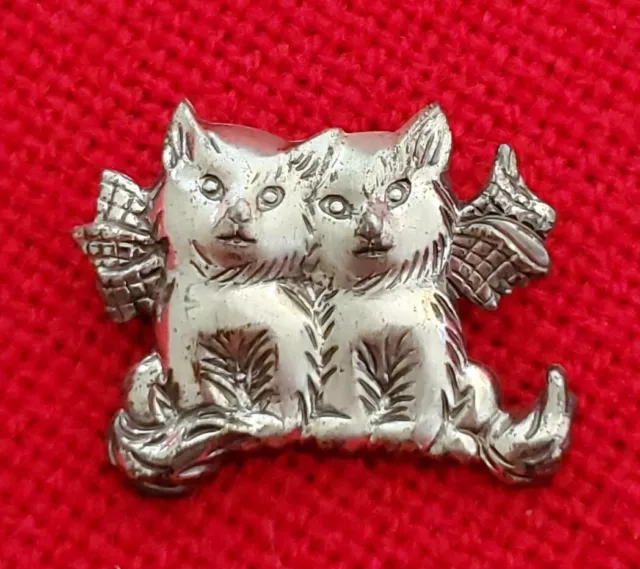 Vintage Beau Sterling Silver 2 Sweet Cats With Bows Pin Brooch