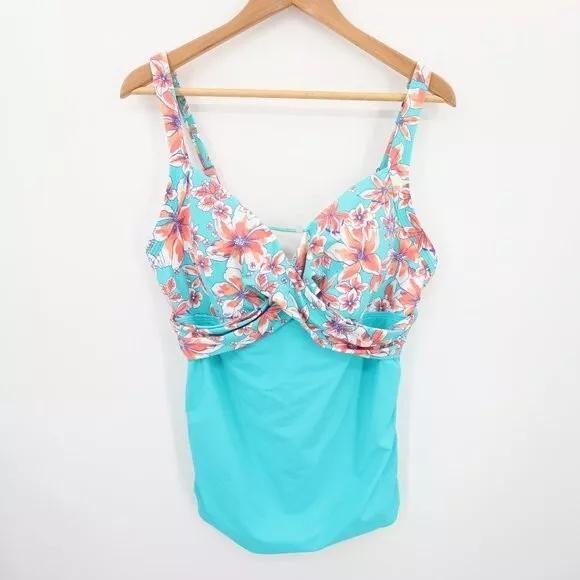 Lands End Tankini Top Size 16 Turquoise Aqua Floral Swimsuit Hibiscus Underwire