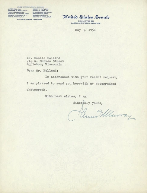 Senator James E. Murray Signed Letter