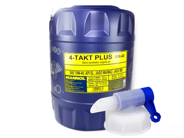 Motoröl MANNOL 4-Takt Plus API SL SAE 10W-40 teilsynthetisch 20 Liter Auslasshah
