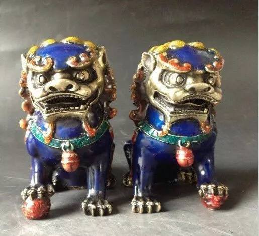 Old Fengshui bronze Cloisonne Guardion Fu Foo Dogs Lion beast statue pair