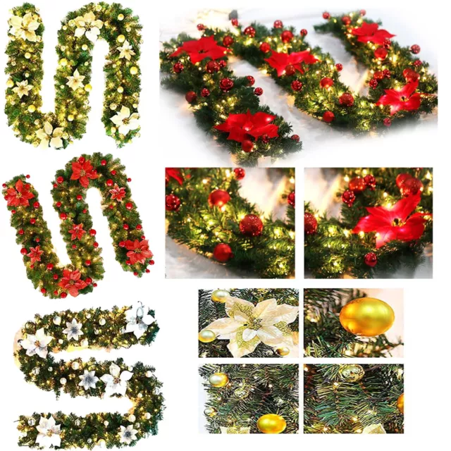 LED 9FT Pre Lit Christmas Garland with Lights Door Wreath Xmas Fireplace Decor