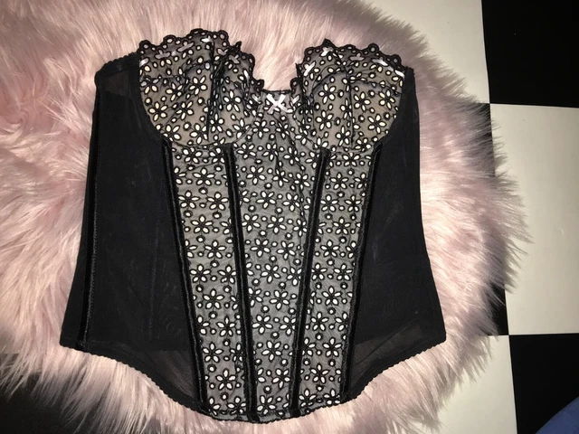 Top corsetto basco vintage nero e rosa floreale pizzo 34A M&S