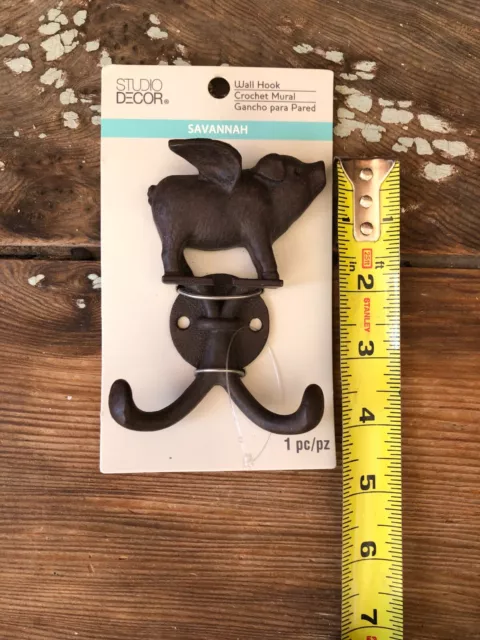 Rustic Cast Iron Brown Flying Pig With Wings Wall Double Hook Towel Coat Hanger