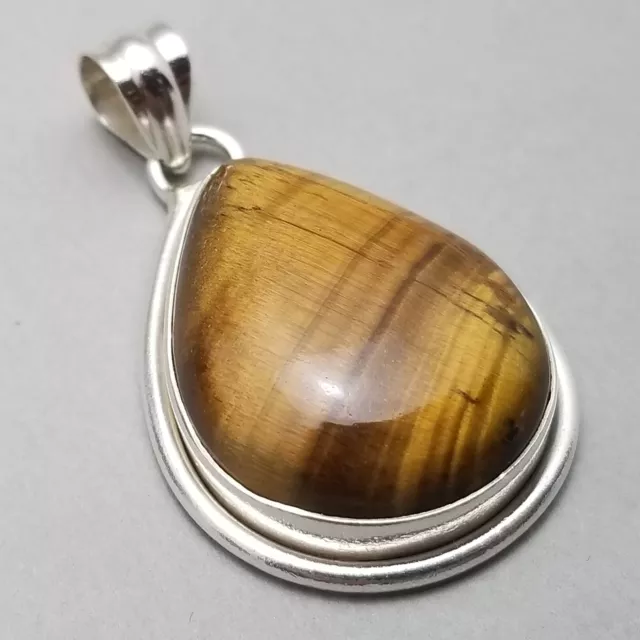 Solid Sterling Silver Tiger's Eye Cabochon Necklace Pendant 925 - 9.9g