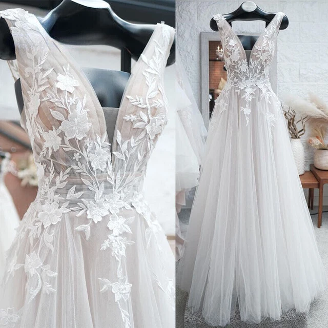 Beach A-Line Wedding Dress V Neck Sleeveless Lace Appliques Backless Bridal Gown