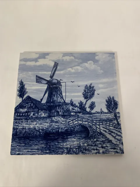 Delft Blauw Handpainted Tile Trivet Windmill Holland Vintage Retro