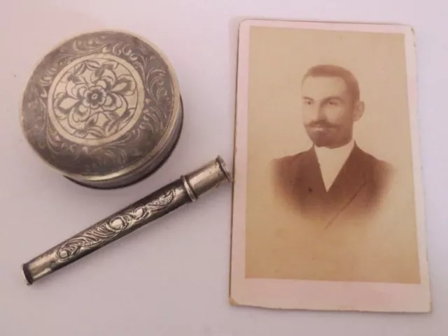 1912 SILVER Tobacco Box, Cigarette Holder Pipe, Photo- ARMENIAN insc. Turkey VAN