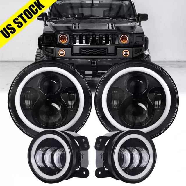 For Hummer H2 H3T 06-10 7" INCH Halo LED Headlight DRL & 4" Fog Lights Combo