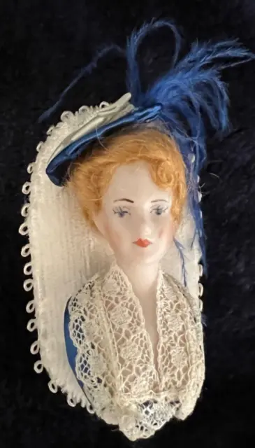 Porcelain Half Doll Pin Brooch Mohair Wig Hat w Feathers 2 1/2 IN Artist Doll