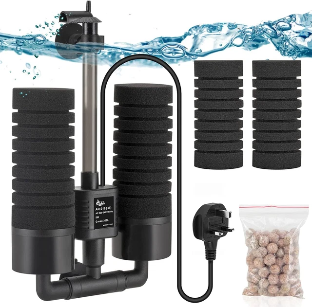 AQQA Aquarium Double Sponge Filter, 3W/5W Quiet Electric Power Fish Tank Filter,