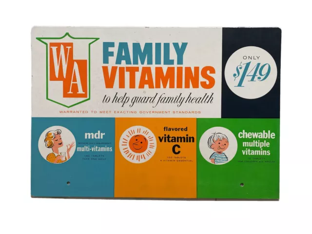Vintage 1960s 60s Family Vitamins WA Drug Store Cardboard Display Sign