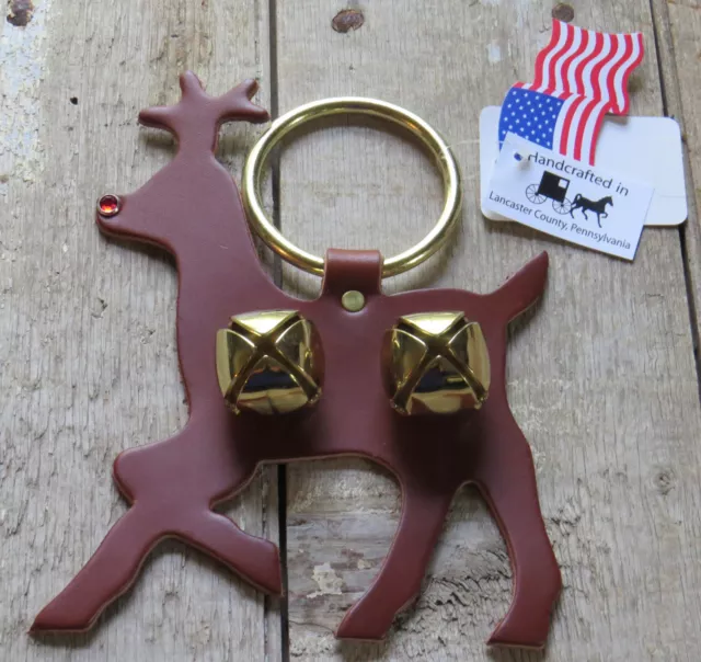 Rudolph Reindeer Sleigh Bell Door Chime Deer Holiday Handmade Brass Leather